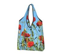 YOFIEN Borsa tote pieghevole con papaveri su cielo blu, riutilizzabile e di grande capacità.