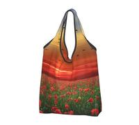 YOFIEN Borsa tote pieghevole con stampa di un campo di papaveri rossi al tramonto, riutilizzabile e di grande capacità.