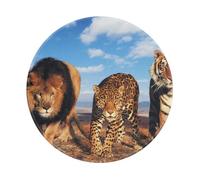YOFIEN Tappetino per mouse rotondo da 8 e 8 pollici con motivo stampato con bordo cucito, raffigurante leone, leopardo e tigre che lottano per il cibo.