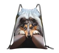 YOFIEN Zaino con coulisse e tracolla per cani da compagnia, con motivo Rough Collie Bokeh Railway, resistente all'acqua, per donne e uomini, per sport e palestra