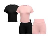 Yoga Set, Two Piece Workout Sets for Women, Yoga Stretchable Activewear, Women’s Solid Tee & Skinny Shorts Set (2pcs-B,S)