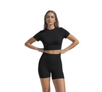 Yoga Set, Two Piece Workout Sets for Women, Yoga Stretchable Activewear, Women’s Solid Tee & Skinny Shorts Set (Black,S)