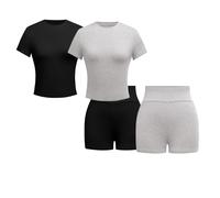 Yoga Set, Two Piece Workout Sets for Women, Yoga Stretchable Activewear, Women’s Solid Tee & Skinny Shorts Set (2pcs-A,L)
