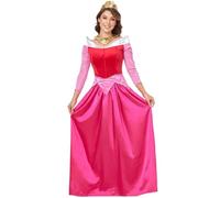 YOGLY Aurora Costume Donna Cosplay Bella Addormentata Principessa Rose Lungo Abito da ballo con Copricapo Collana per Carnevale Halloween Festa Mascherata Abito da Sera
