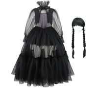 YOGLY Bambina Mercoledì 2 Costume Cosplay Nero Vintage Abiti da Ballo e Parrucca per Ragazza Carnevale Halloween Festa Mascherata Abito da Sera