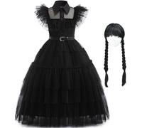 YOGLY Bambina Mercoledì Costume Cosplay Nero Tulle Abiti da Ballo e Parrucca per Ragazza Carnevale Halloween Festa Mascherata Abito da Sera