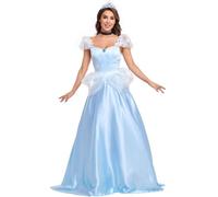 YOGLY Donna Cosplay Cenerentola Costume Blu Lungo Abito da Ballo con Corona Collana per Carnevale Halloween Festa Mascherata Abito da Sera