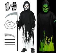 YOGLY Mietitore Costume per Bambino e Bambina, Costume da Scheletro Fluorescente con Accessori, Bambini Grim Reaper Gotica Vestirsi, Halloween Carnevale Compleanno Natale Festa Cosplay Unisex