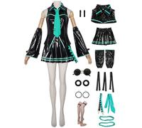 YOGLY Miku Costume Donna Cosplay Virtuale Idolo H'atsune M'iku Completo Nero PU JK Uniforme Set con Occhiali e Accessori per Carnevale Halloween Festa Mascherata Fancy Anime Show Costume