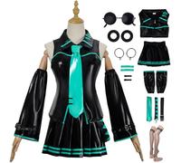YOGLY Miku Costume Donna Cosplay Virtuale Idolo H'atsune M'iku Completo PU JK Uniforme Set con Occhiali e Accessori per Carnevale Halloween Festa Mascherata Fancy Anime Show Costume, Nero