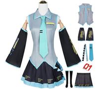 YOGLY Miku Costume Donna Cosplay Virtuale Idolo H'atsune M'iku JK Uniforme Set Top Gonna Maniche Cravatta Cintura Calze Adesivi e Accessori per Carnevale Halloween Festa Mascherata Anime Costume