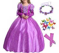 YOGLY Vestito da Principessa Rapunzel Bambina Raperonzolo Ballerina Pizzo Maxi Costume con Accessori Costume da Halloween Carnevale Cosplay Compleanno Natale Festa Vestito Fantasia Ragazza Viola