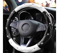 YOGURTCK Simpatico coprivolante in morbida pelle antiscivolo con strass luccicanti, universale, 38 cm, per donne e ragazze, adatto per veicoli, berline, SUV, furgoni, camion, nero e bianco