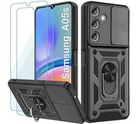 Yohii Cover per Samsung Galaxy A05s 6.7", Con 2 Pack Vetro Temperato, 360° Metallo Anello Supporto Silicone Antiurto Custodia Robusta, Con Cavalletto E Protezione Schermo Integrata -Nero