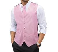 YOHOWA Set da 6 gilet da uomo con tasca per cravatta, gemelli quadrati, spilla con fiore cachemire e scollo a V, in seta, perfetto per occasioni formali e informali, rosa chiaro, M