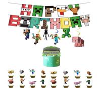 Yoimckay 19 Pezzi Decorazione Compleanno, Banner Buon Compleanno, Pixel Cake Topper, Cartoon Compleanno, Decorazione Forniture per Festa a Tema del Gioco, Per Ragazzi Ragazze