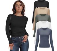 YOIOWVY Pack da 5 Maglie Essenziali Donna Manica Lunga con Collo Alto, T-Shirt Base Stratificabili Slim Morbide e Traspiranti, Canotta Lunga da Lavoro per Donna, Sottovesti