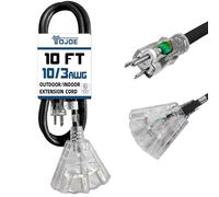 YOJOE - Cavo di prolunga a 3 uscite per interni ed esterni con estremità illuminata, cavo di alimentazione resistente alle intemperie a 3 pin, calibro 10, cavo di prolunga nero da 10