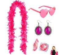 YOKJGHDO Set di 4 boa di piume rosa con occhiali a forma di cuore, orecchini e glitter per il corpo, 2 m, boa di piume rosa per costumi di carnevale, costume di carnevale, decorazione JGA, accessori
