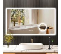 YOLEO Specchio Bagno 100x60 cm con Orologio, Display Temperatura, Lente d'Ingrandimento 3X, Presa, Specchio Bagno con Luce 3 Colori, Interruttore Touch, Antiappannamento, Vetro Antideflagrante