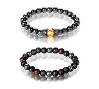 Yolev 2 pezzi Bracciale da Donna a Tripla Protezione Oeil de Tigre Hématite Obsidienne Noire Bracelet Magnetico da Uomo in Ematite di Ossidiana con Occhio di Tigre per Buona Fortuna e Prosperità
