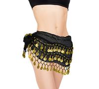 Yolev Cintura di Danza del Ventre in Chiffon Nero con Lustrini Dorati - Sciarpa per Esibizione e Festeggiamento - Accessori per Costumi