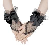 Yolev Guanti Pizzo Donna per Tea Party Corti Guanti da Sposa in Pizzo Senza Dita Nero Fiocco da Sposa Fantasia Guanti Neri Donna di Halloween Anni '80 Abito da Ballo Guanti da Sposa Cosplay Funerale