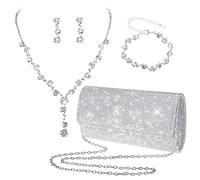 Yolev Parure Gioielli Donna da Sposa Pochette in Argento Borsa da Pranzo Set di Gioielli Collana Strass Orecchini Bracciale Set di Gioielli da Ballo Damigella d'Onore da Sposa Bigiotteria Donna