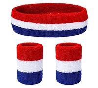 Yolev Set di Fasce per Il Sudore a Righe Set di Fasce per La Fascia Sportiva Include 1 Fascia per La Testa e 2 Braccialetti per Gli Uomini e Le Donne Dello Sport rosso, bianco, blu.