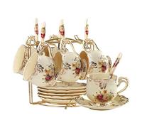 YOLIFE Set di 6 tazze da tè e piattini con arbusti fioriti, in ceramica color avorio, con supporto dorato, tazze da caffè, 226,8 g