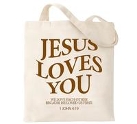 Yoljun Sacchetto di stoffa con stampa cristiana, 40 x 35 cm, sacchetto di iuta stampato con Gesù Loves You, riutilizzabile Aesthetic Canvas Tote Bag, regalo cristiano per donne