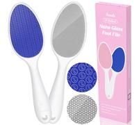 yomanta Lima per piedi, in vetro nano per rimuovere calli e calli con manico, scrubber per piedi su 2 lati, esfoliazione delicata per massaggio ai piedi sotto la doccia, blu