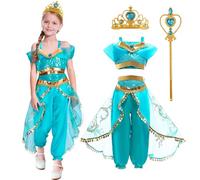 YOMIQIU Costume Jasmine Principessa Ragazza: Principessa Jasmine Vestito Bambini con Corona e Bacchetta, Aladdin Peacock Belly Dance Costume per Carnevale Halloween Natale Compleanno Cosplay (130)