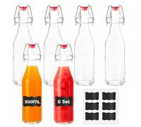 YOMKILU Set da 6 Bottiglie Vetro 500ml, Bottiglie Costolata con Tappo Ermetico e 6 Etichette, Riutilizzabili Bottiglie Vuote per Birra, Olio, Succhi, Soda