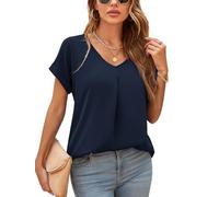 Yommay Camicetta estiva da donna, elegante, con scollo a V, a maniche corte, in chiffon, 01 blu marino, S