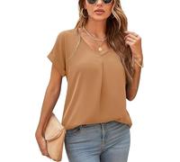 Yommay Camicetta estiva da donna, elegante, con scollo a V, a maniche corte, in chiffon, 01 marrone, XL