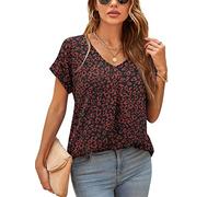 Yommay Camicetta estiva da donna, elegante, con scollo a V, a maniche corte, in chiffon, 01 nero-rosso-leopardato, M
