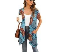 Yommay Cardigan da Donna Estivo a Maniche Corte per Donna Elegante Cardigan Casual Leggero con Tasca Orlo Alto Basso,Rotondo Floreale Blu,XL