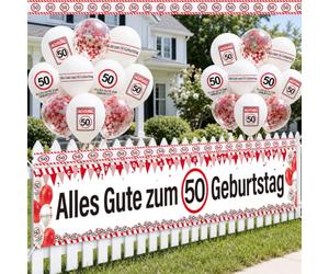 Yomover Decorazione per 50esimo compleanno da donna e uomo, 26 pezzi, con striscione, palloncini, nastro di barriera, cartello stradale, decorazione per feste dei 50 anni