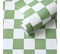 Yomshi Carta da parati autoadesiva verde Boho Plaid carta da parati 44 x 2000 cm impermeabile vinile carta da parati per mobili camera da letto soggiorno spesso rimovibile facile da pulire