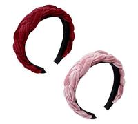 Yonchic 2 cerchietti in velluto intrecciato in tinta unita, per donne e ragazze, graziosi elastici con nodo, eleganti accessori per capelli che non danneggiano i capelli (rosso e rosa)