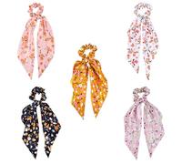 Yonchic 5 elastici per capelli in tessuto classico con fiocco, eleganti sciarpe per capelli, elastici per coda di cavallo, elastici vintage, accessori per capelli per donne, donne e ragazze (stampa