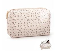 YONEEKSS Borsa per il trucco floreale, piccola borsa da toilette portatile, borsa da viaggio per trucchi con fiori, per donne e ragazze, graziosa borsa per cosmetici portatile da donna, bianco