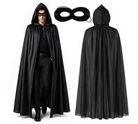 YONEEKSS Mantello nero con cappuccio nero, mantello lungo del diavolo con maschera, mantello da strega mietitore strega vampiri diavolo costume festa cosplay accessori fantasia