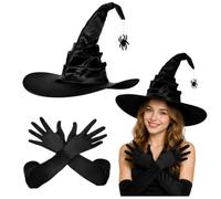 YONEEKSS Set di cappello da strega e guanti lunghi da donna, accessori per costumi da strega di Halloween, accessori per adulti, cappello in raso nero con ciondolo a forma di ragno glitterato, per
