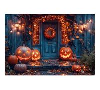 YongFoto 1,5x1m Sfondo di Halloween Sfondo fotografico con ghirlanda di zucca illuminata davanti alla porta Decorazioni per feste di Carnevale per studio fotografico per ritratti