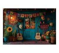 YongFoto 1,5x1m Sfondo notturno del Giorno dei Morti Chitarra Casa in legno verde acqua interni Sfondo foto feste messicane Decorazione casa per studio fotografico per ritratti