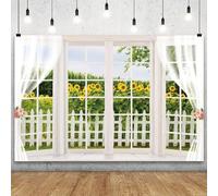 YongFoto 10x8ft Primavera Finestra Scenario Sfondo Giallo Girasole Rustico Legno Recinto Campagna Giardino Natura Paesaggio Ragazza Donna Festa di Compleanno Matrimonio Bambini Adulti Ritratto