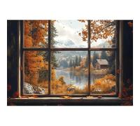 YongFoto 2,2x1,5m Sfondo autunnale Finestra in legno foglie autunnali lago capanna paesaggio sfondo fotografico festa arredamento per la casa per studio fotografico per ritratti