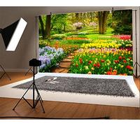 YongFoto 2,2x1,5m Sfondo Fotografico Aiole variopinte dei tulipani e percorso di pietra nel giardino convenzionale di primavera Fondale Foto Festa Bambini Boby Partito Studio Fotografico Puntelli